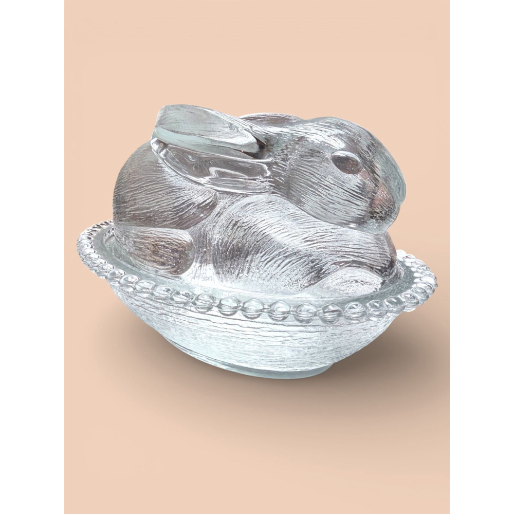 Vintage Indiana Glass 7" Clear Glass Bunny Covered Dish Rabbit Candy Bowl